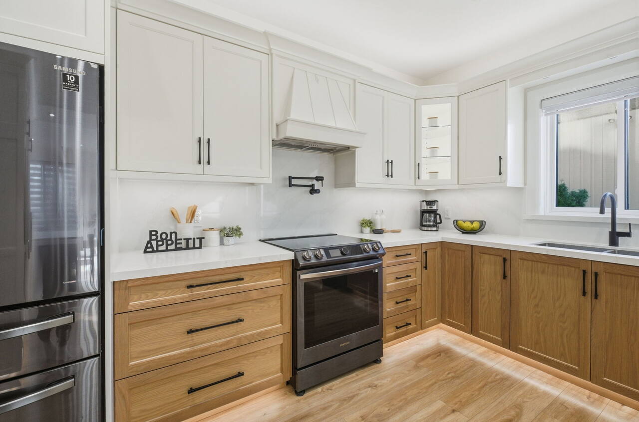 Kitchen range and wood cabinetry