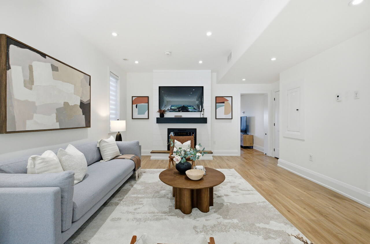 Living room sofa and fireplace