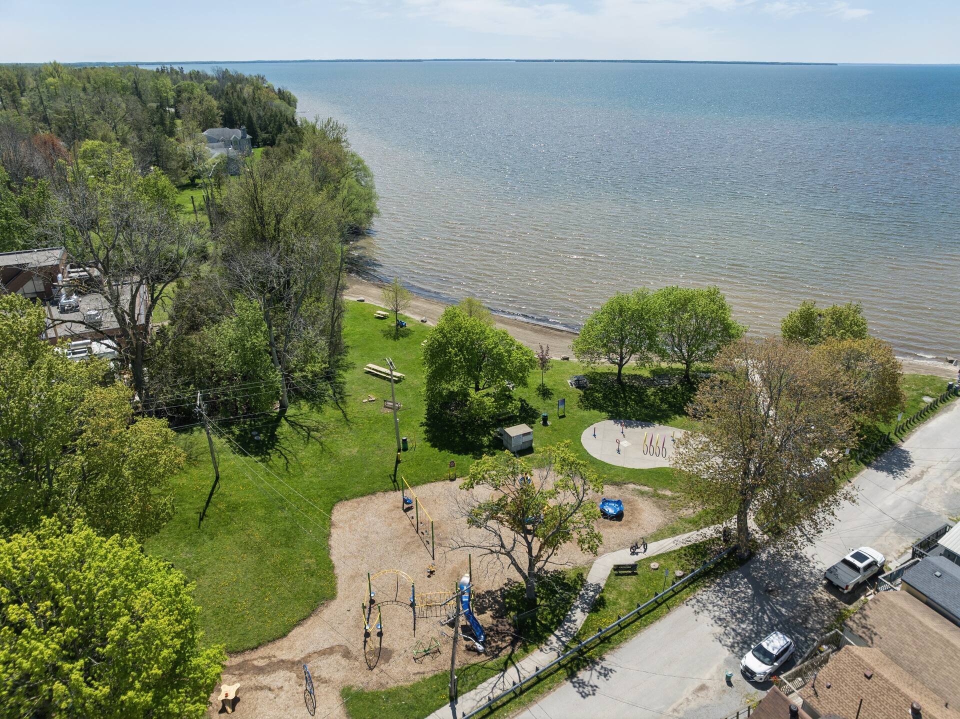 Aerial view of the Lake Simcoe beach and open water at Beaverton